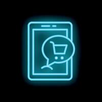 Neon blue smartphone displaying shopping cart in speech bubble for online shopping concept vector