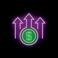 Neon sign representing dollar coin with three arrows pointing up vector