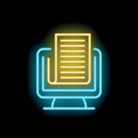 Neon icon of computer displaying document for online reading or digital content vector