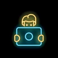 Gamer holding game controller neon signboard icon vector