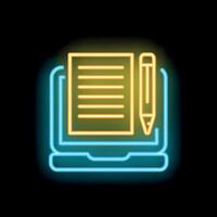 Neon icon of a document and pencil on laptop screen representing online writing vector