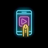 Neon sign of finger touching play button on smartphone screen vector