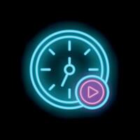 Neon clock showing starting time with play button icon vector