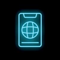 Neon smartphone showing global connection on black background vector