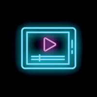 Neon tablet showing player interface with play button and progress bar vector