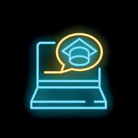 Neon icon of laptop showing graduation hat in speech bubble vector
