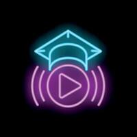Neon icon of graduation hat floating over play button for online education vector