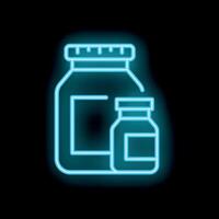 Neon glowing medicine bottle icon with blank label on black background vector