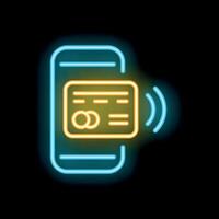 Neon sign representing contactless payment using smartphone and credit card vector