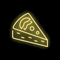 Glowing neon sign of delicious pizza slice on dark background vector