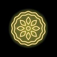 Round glowing yellow neon sign with floral pattern on a black background vector