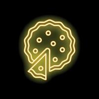 Yellow neon sign of a pie with a slice missing on black background vector
