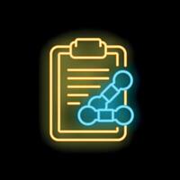 Neon clipboard showing molecular formula icon on black background vector