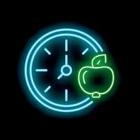 Neon sign representing intermittent fasting concept with clock and apple vector