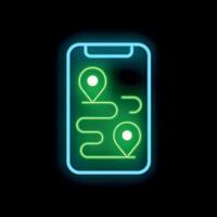 Neon smartphone showing a gps app with a route and two pins vector