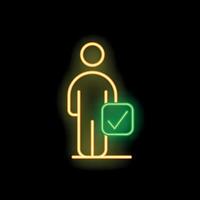 Neon icon of person with check mark symbolizing validation vector