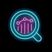 Neon magnifying glass analyzing glowing business graph icon vector
