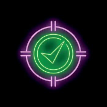 Neon green check mark inside target scope on a black background vector