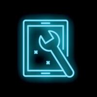 Neon blue wrench repairing mobile phone icon vector