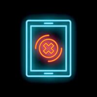 Neon smartphone showing loading error symbol on black background vector
