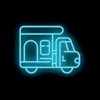 Neon icon of camper van glowing on black background vector