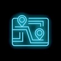 Neon map showing location pins and glowing blue at night vector
