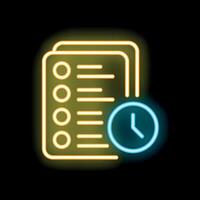 Neon icon of clock showing deadline for completing tasks in documents vector