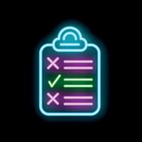 Neon clipboard showing check marks for completed tasks on black background vector