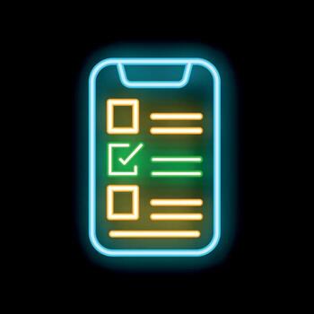 móvil teléfono demostración Lista de Verificación con cheque marca en neón estilo vector