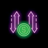 Neon sign depicting dollar coin with up and down arrows on black background vector