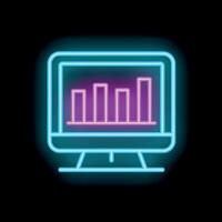 Neon computer screen showing growing bar chart icon on black background vector