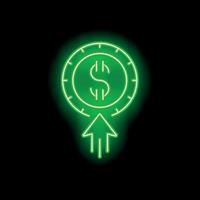 Green neon sign showing dollar coin increasing value with up arrow on black background vector