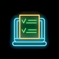 Neon online survey with checkmarks on laptop screen vector
