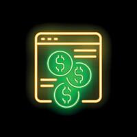 Neon sign representing online earning with dollar coins and webpage interface vector