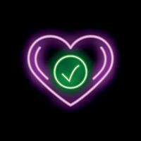 Neon heart shape with check mark glowing on black background vector