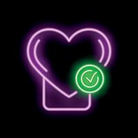Neon icon of heart with check mark symbolizing love approval vector