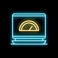 Neon icon of laptop showing speedometer on screen symbolizing fast connection speed vector