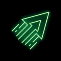 Green neon arrow sign pointing up right with motion trails on black background vector