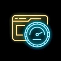Neon icon of speedometer showing website loading speed test vector