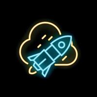 Neon glowing icon of a rocket launching from a cloud vector
