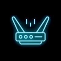 Blue neon router icon transmitting signal on black background vector