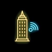 Neon icon of a skyscraper emitting a wifi signal on black background vector