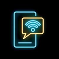 Neon icon of smartphone showing wifi connection in speech bubble vector