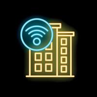 Neon style icon showing a building emitting a wifi signal vector
