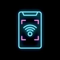 Neon glowing icon of a smartphone scanning a wifi signal with its camera vector