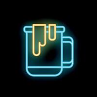 Blue and yellow neon sign of a mug with dripping glaze on black background vector