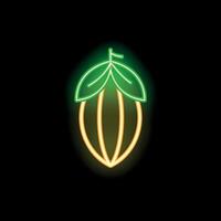 Glowing neon sign of a cocoa bean with leaves, on a black background vector
