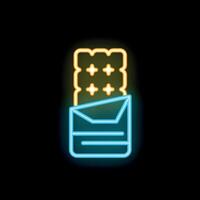 Glowing neon sign of chocolate bar with filling on black background vector
