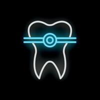 Neon tooth with braces glowing on black background vector