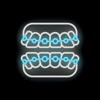 Neon icon of teeth showing braces correcting bite vector
